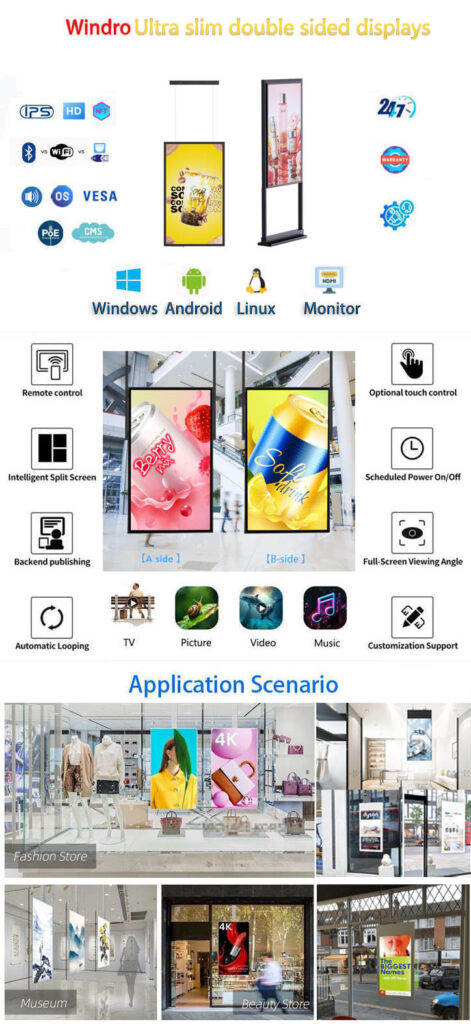 ultra slim double sided digital signage， hanging mount LCD window displays, dual-screen -- Windro