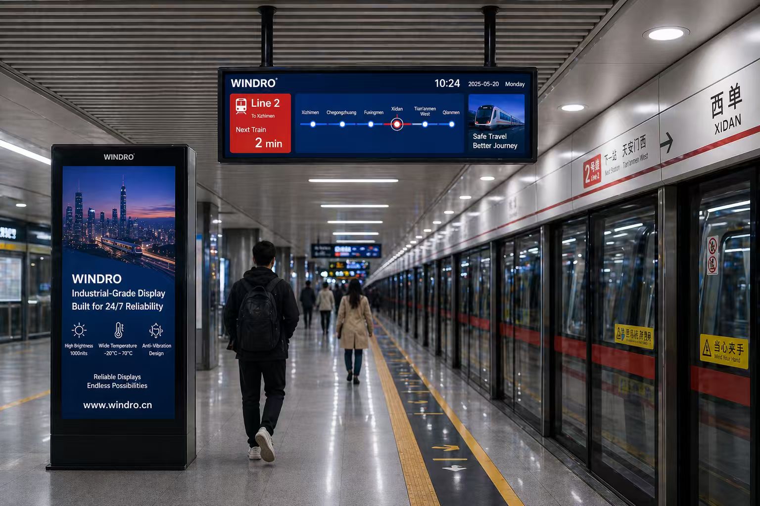 Industrial digital signage in subway station by WINDRO, high brightness LCD bar display and kiosk for transportation hubs with 24/7 operation