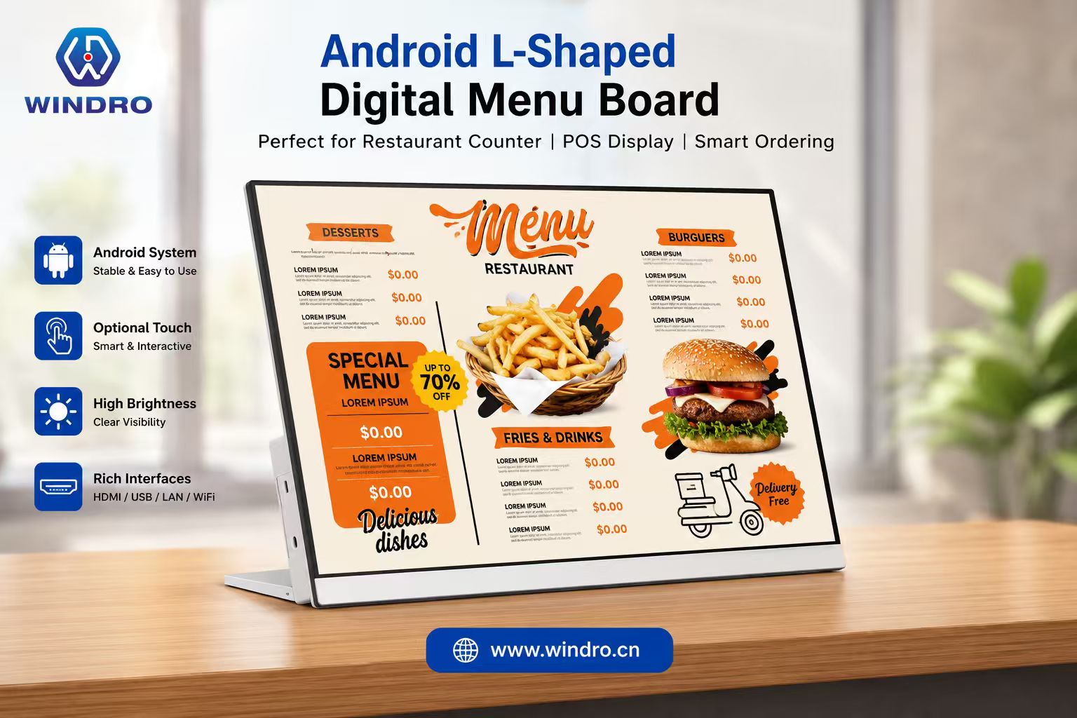 Android L-shaped digital menu board for restaurant counter, smart POS display screen with high brightness and touch interaction - WINDRO