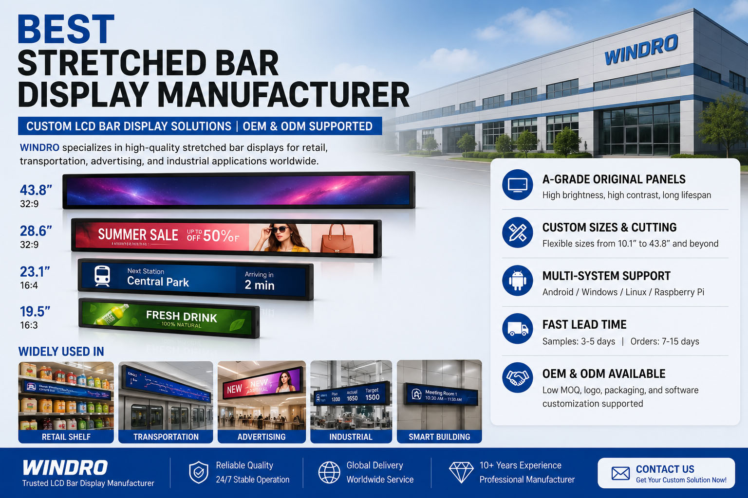 Best stretched bar display manufacturer providing custom LCD bar displays with OEM ODM solutions and high brightness panels