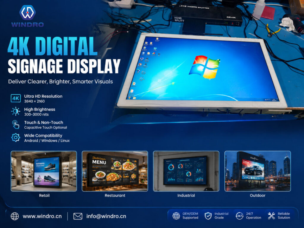 4K digital signage display for retail, industrial and commercial applications by WINDRO