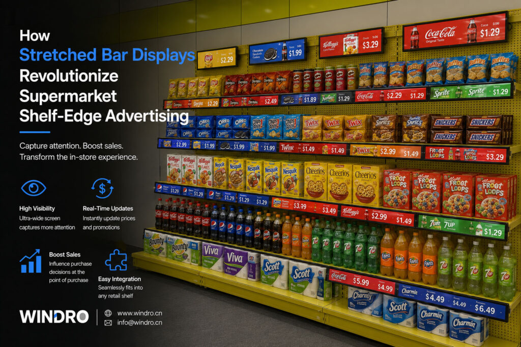 WINDRO stretched bar display for supermarket shelf edge advertising with dynamic product pricing and promotions