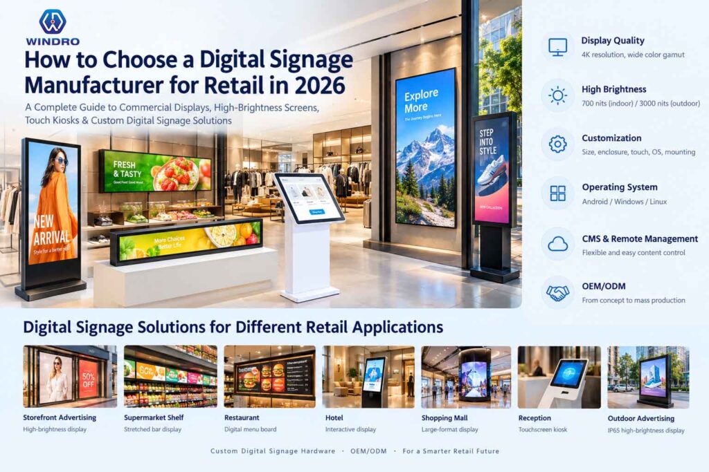 Digital signage manufacturer for retail with high-brightness displays, touchscreen kiosks and custom OEM solutions