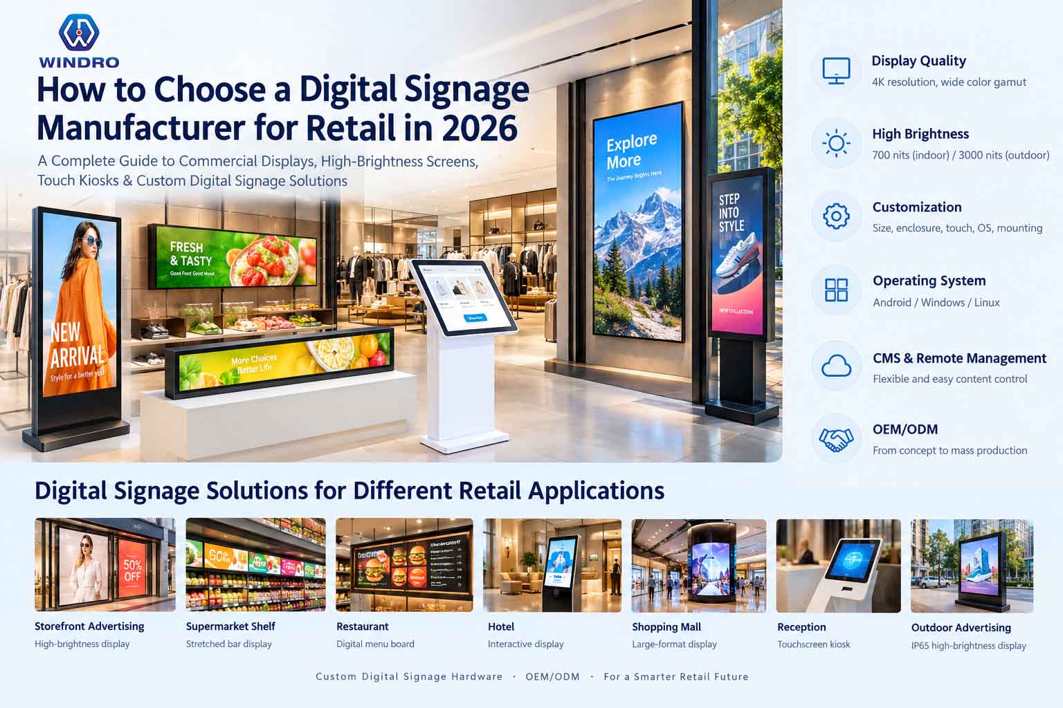 Digital signage manufacturer for retail with high-brightness displays, touchscreen kiosks and custom OEM solutions