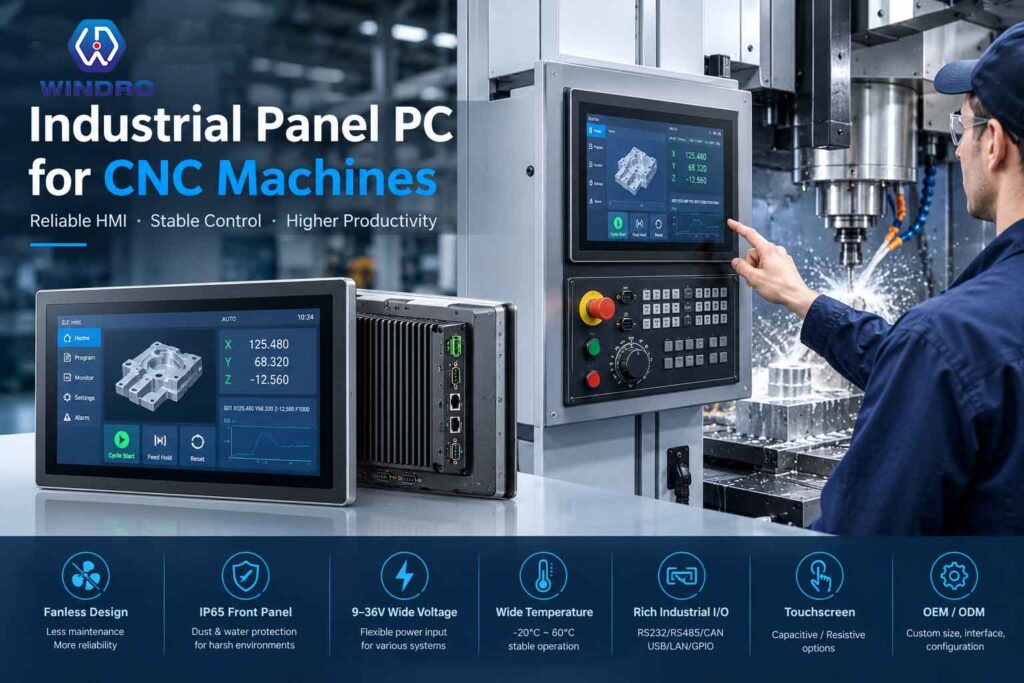 Industrial panel PC for CNC machines with touchscreen HMI control